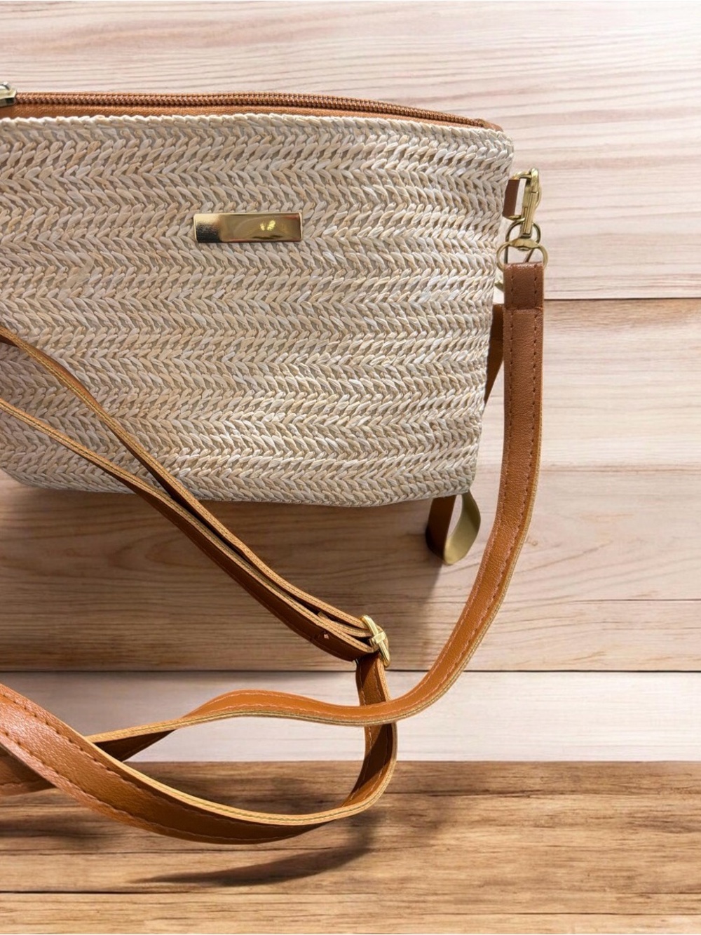 Neutral Woven Crossbody Bag with Tan Strap